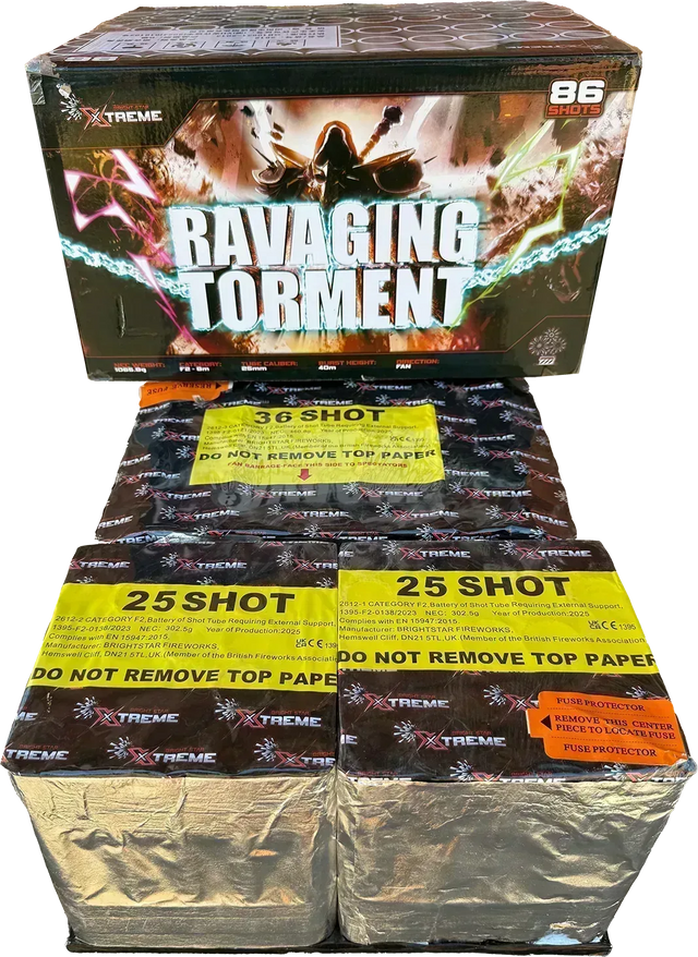 Ravaging Torment 86 shot compound firework by Xtreme firing colourful dahlias and swimming stars.