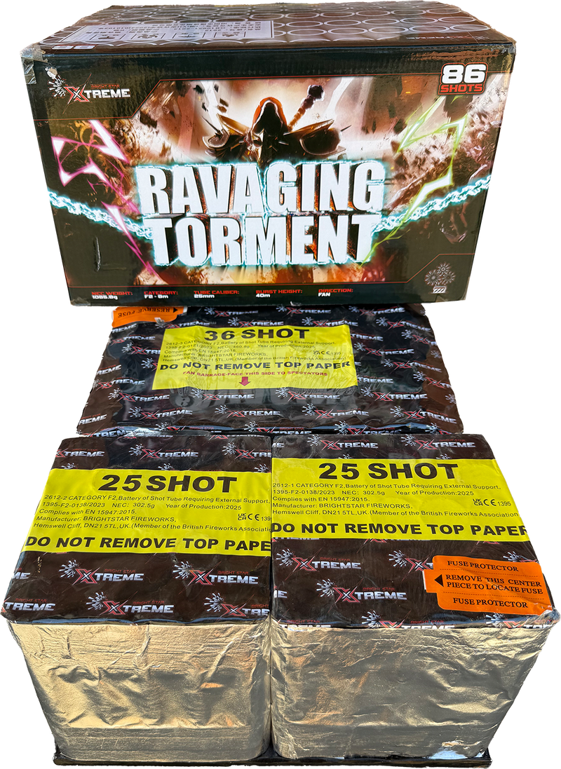 Ravaging Torment 86 shot compound firework by Xtreme firing colourful dahlias and swimming stars.