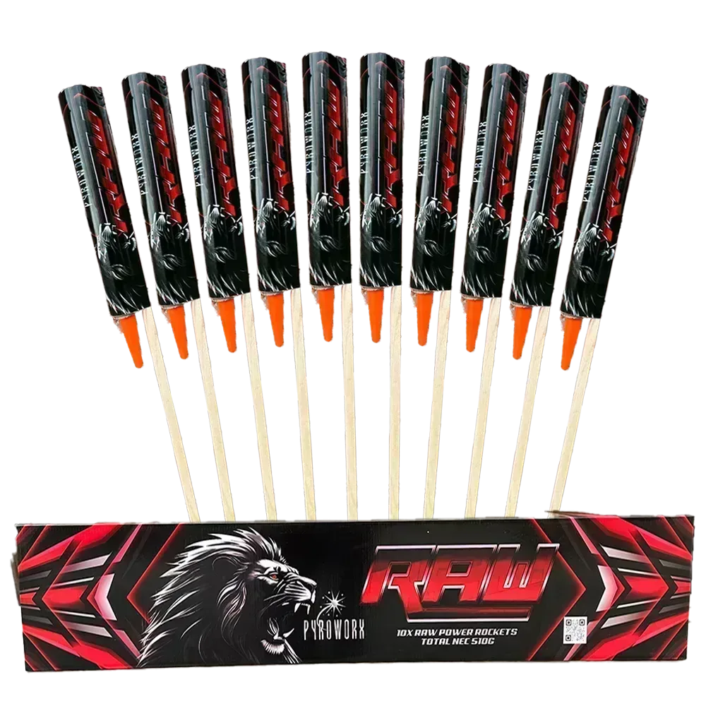 Raw Rockets pack of 10 by Pyroworx, loud noise and flash effects.