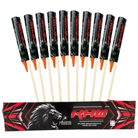 Raw Rockets pack of 10 by Pyroworx, loud noise and flash effects.