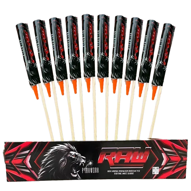 Raw Rockets pack of 10 by Pyroworx, loud noise and flash effects.
