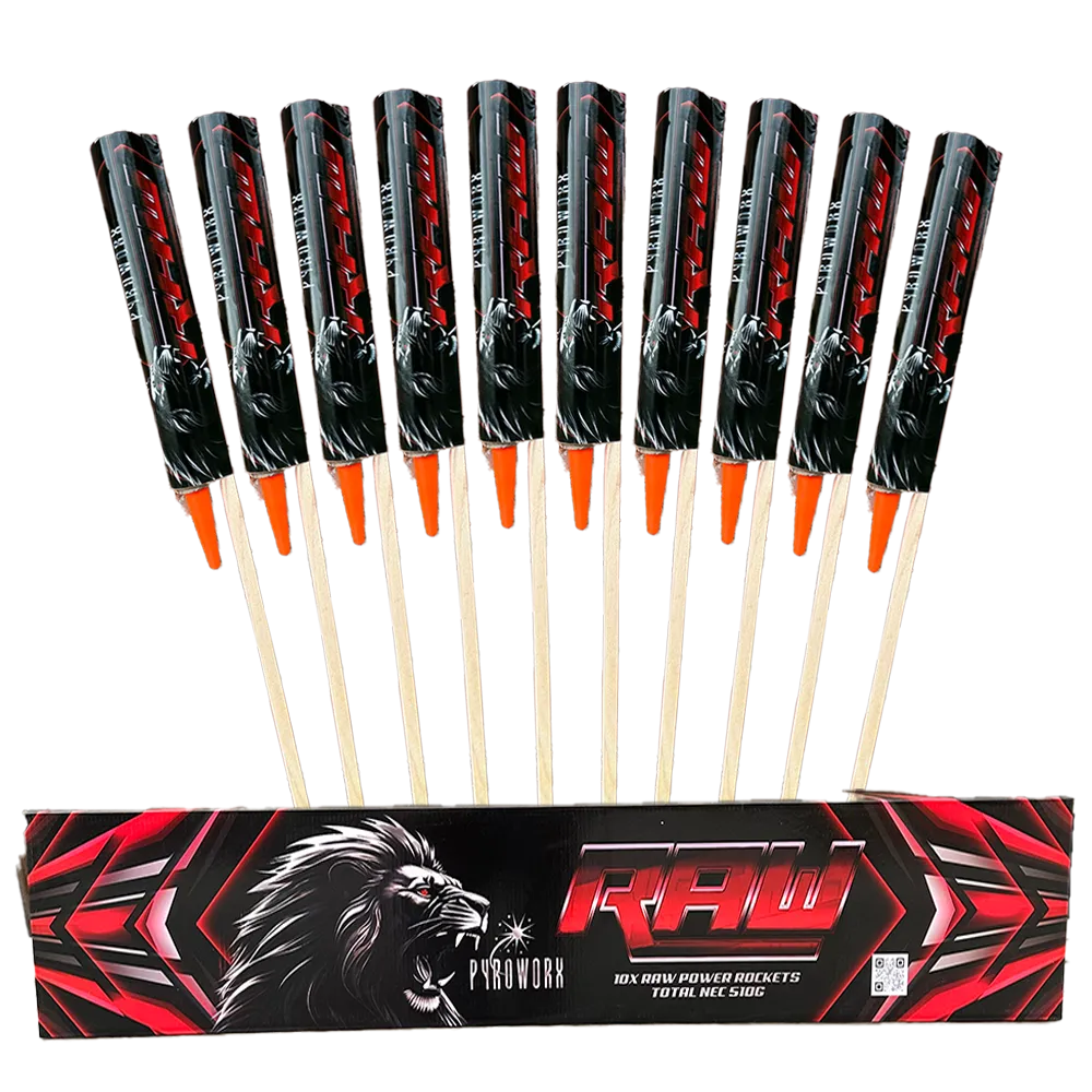 Raw Rockets pack of 10 by Pyroworx, loud noise and flash effects.