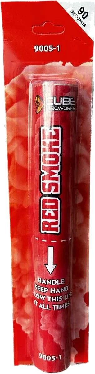 Red Handheld Smoke Grenade by Cube Fireworks, deep-red wire-pull smoke, 60–90 seconds