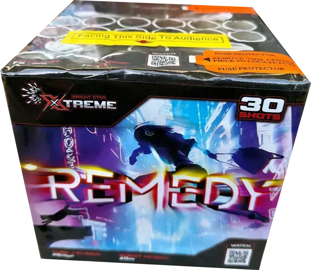 Remedy 30 shot cake by Xtreme Fireworks firing gold brocades and aqua stars.
