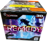 Remedy 30 shot cake by Xtreme Fireworks firing gold brocades and aqua stars.