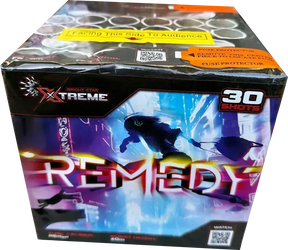 Remedy 30 shot cake by Xtreme Fireworks firing gold brocades and aqua stars.