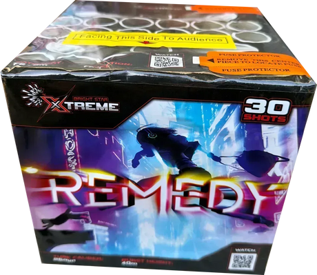 Remedy 30 shot cake by Xtreme Fireworks firing gold brocades and aqua stars.