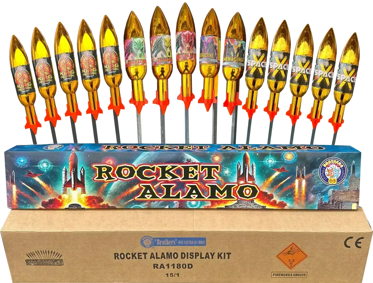 Rocket Alamo by Brothers Pyrotechnics, 15-pack crate of giant 1.3G F3 rockets including King Reborn and Space X