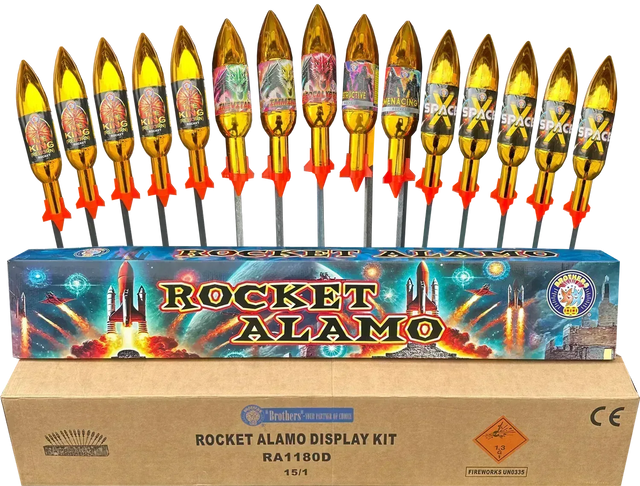 Rocket Alamo by Brothers Pyrotechnics, 15-pack crate of giant 1.3G F3 rockets including King Reborn and Space X