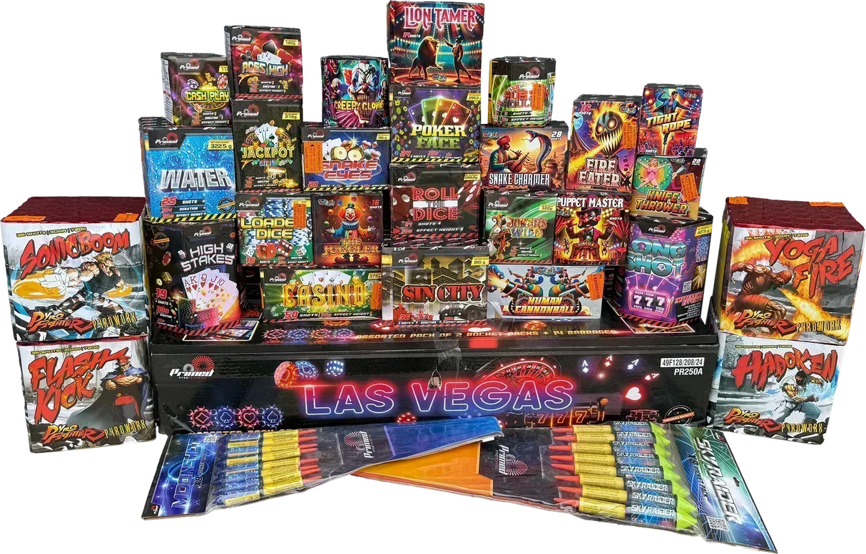 Full contents of the Roll The Dice Pack featuring Las Vegas Crate, Big Top, and Pyro Fighter cakes with rockets.