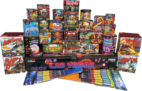 Full contents of the Roll The Dice Pack featuring Las Vegas Crate, Big Top, and Pyro Fighter cakes with rockets.
