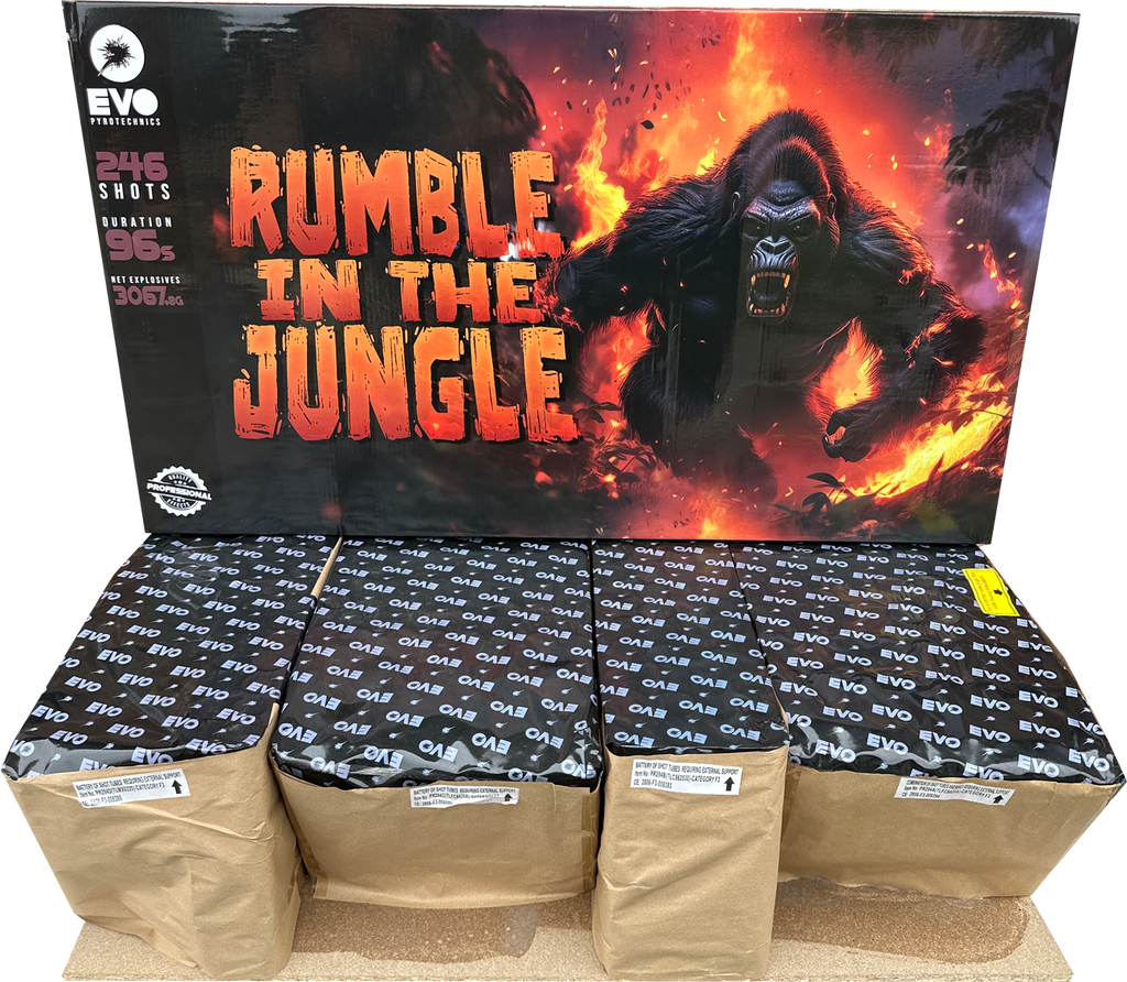 Rumble In The Jungle 246 shot compound firework by Evolution Fireworks.