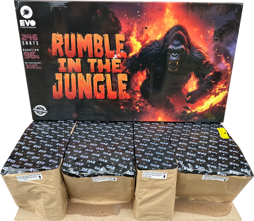 Rumble In The Jungle 246 shot compound firework by Evolution Fireworks.