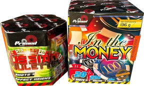 The Russian Roulette and In The Money 1.3G garden firework cakes double deal.