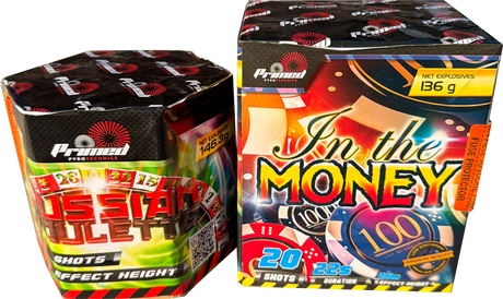 The Russian Roulette and In The Money 1.3G garden firework cakes double deal.