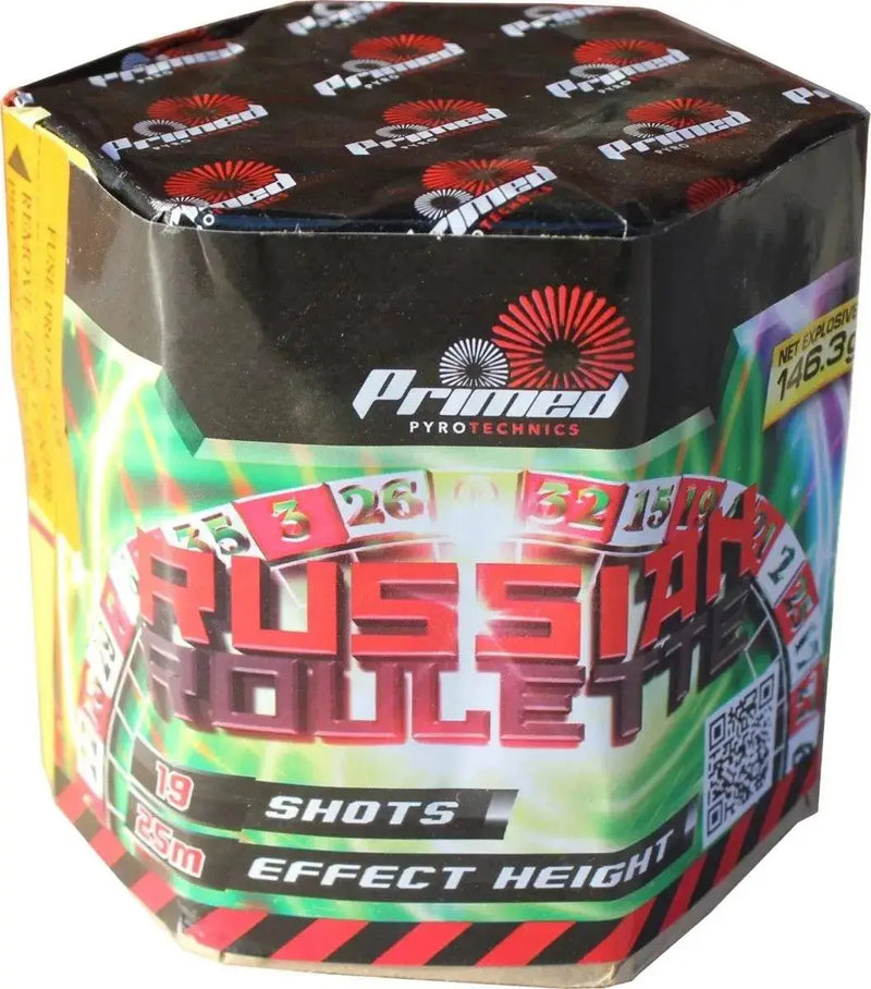 Russian Roulette Cake by Primed Pyrotechnics with 19 shots and 25m effect height, vibrant packaging for party fireworks display.