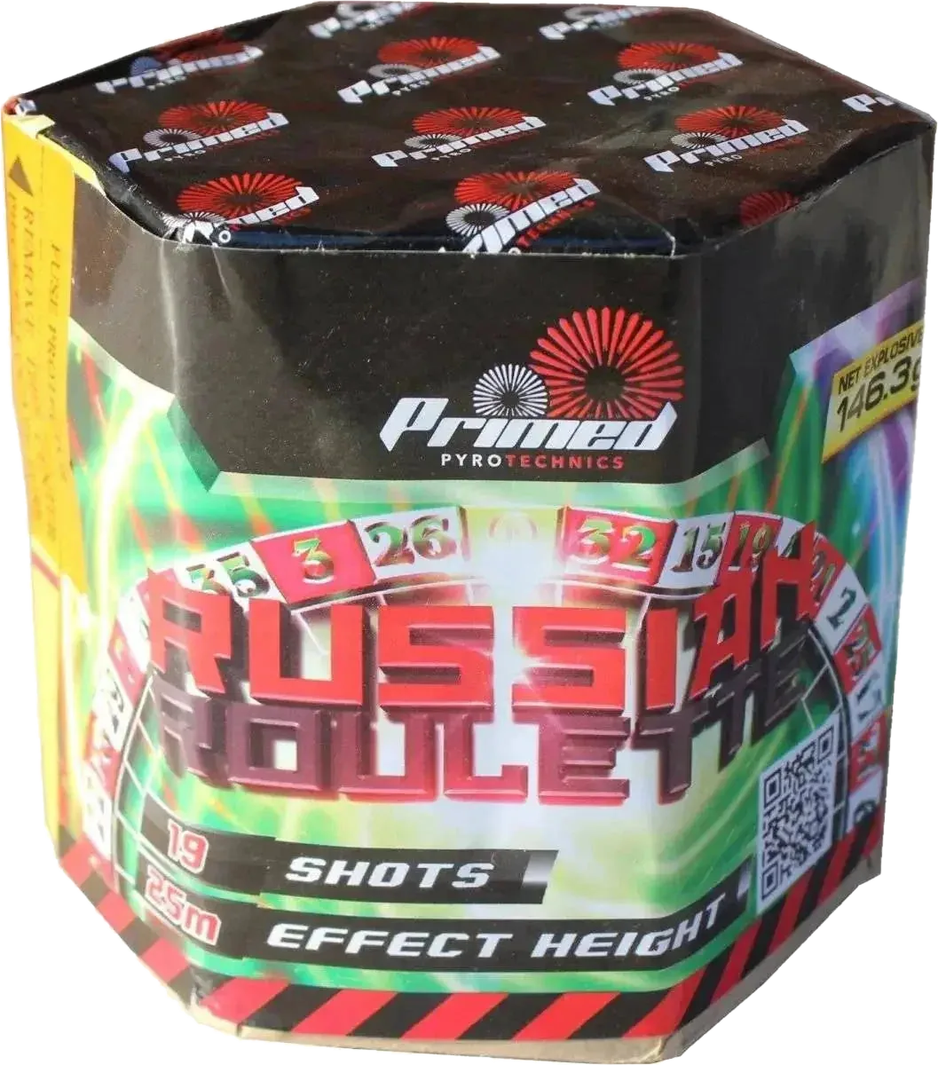 Russian Roulette 19-shot F2 cake firework by Primed Pyrotechnics