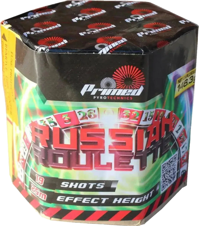 Russian Roulette 19-shot F2 cake firework by Primed Pyrotechnics