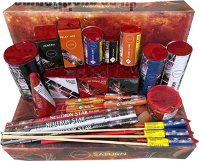 Saturn Box by Evolution Fireworks 20-piece selection featuring assorted rockets, fountains, cakes, and Roman candles for garden celebrations.