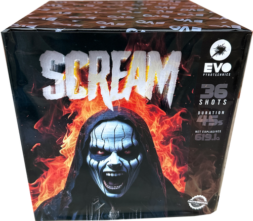 Scream 36 shot cake by Evolution Fireworks (30mm tubes).