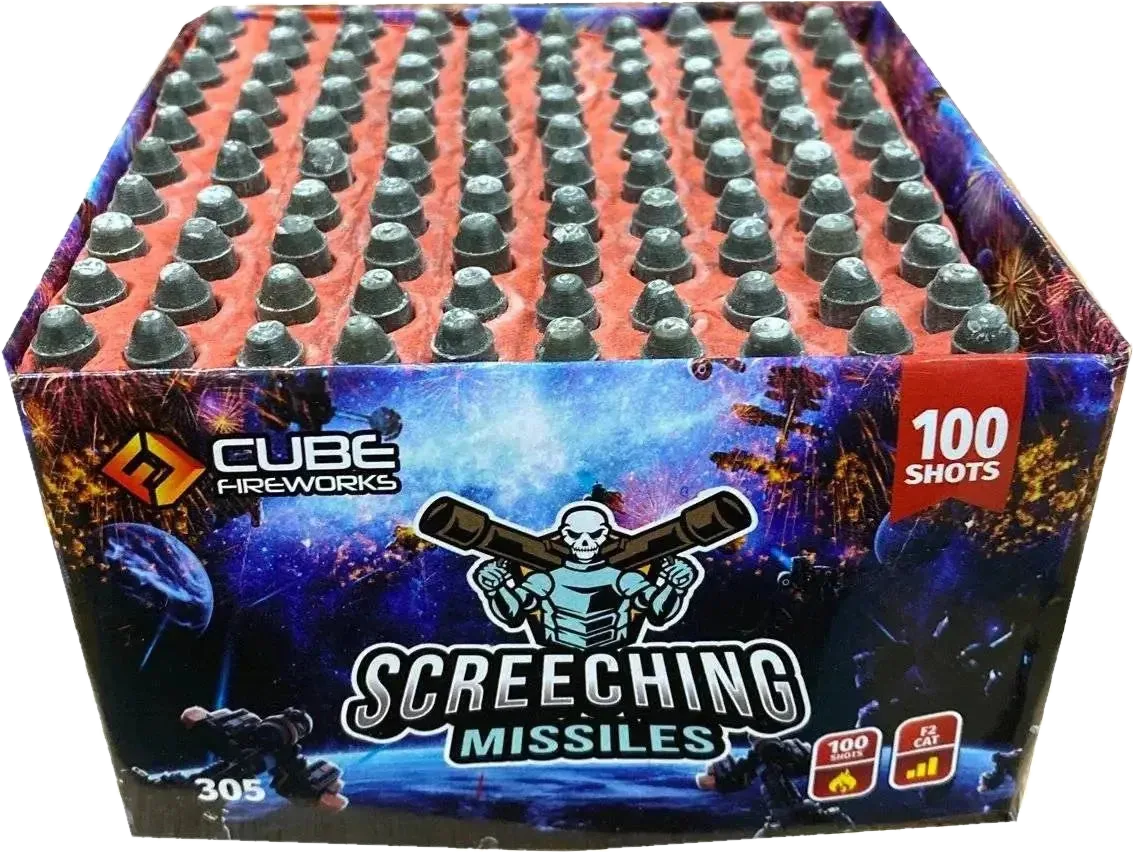 Screeching Missiles 100-shot cake firework by Cube Fireworks