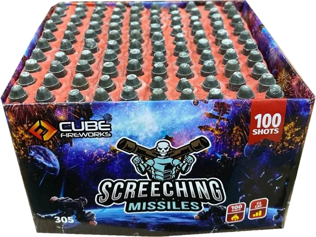Screeching Missiles 100-shot cake firework by Cube Fireworks