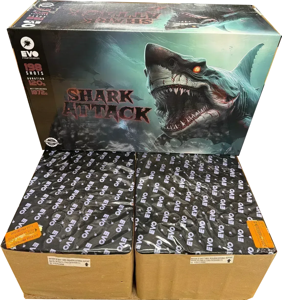 Shark Attack 198-shot fanned F3 compound firework by Evo Fireworks