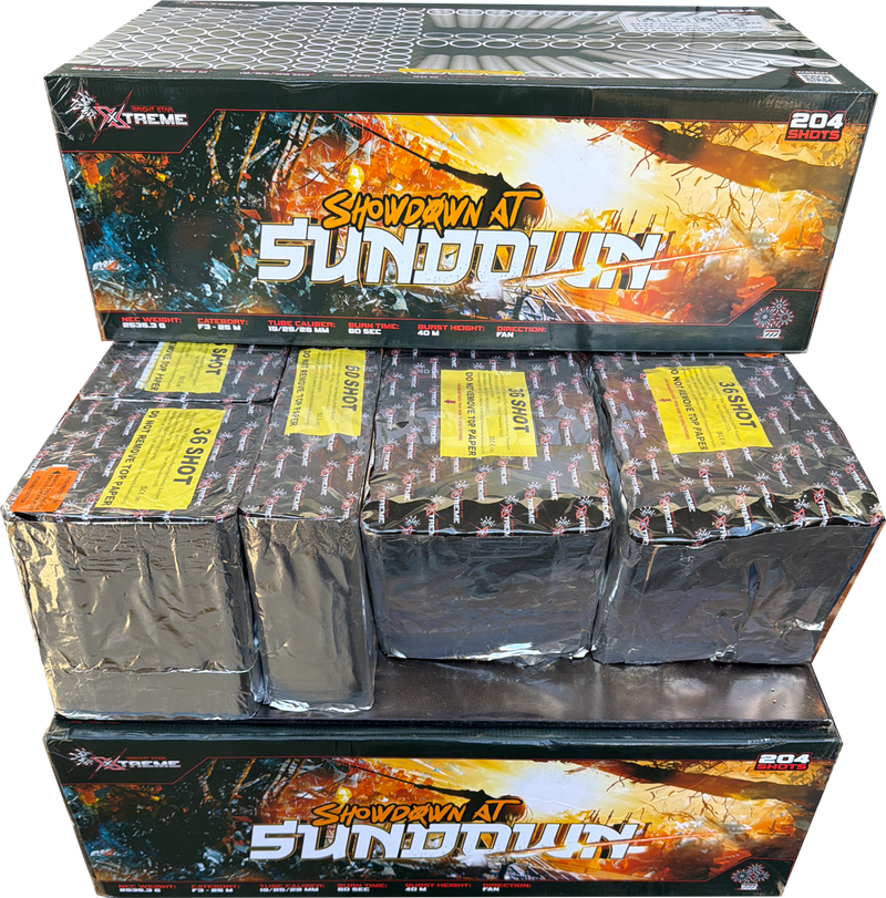 Showdown At Sundown 204 shot compound firework by Xtreme (Bright Star).