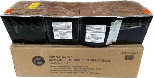 Silent But Deadly 169-shot low-noise compound firework by Celtic Fireworks, packaged in a brown box with black canisters for party celebrations.