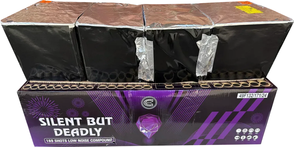 Silent But Deadly 169 shot low noise compound firework by Celtic Fireworks.