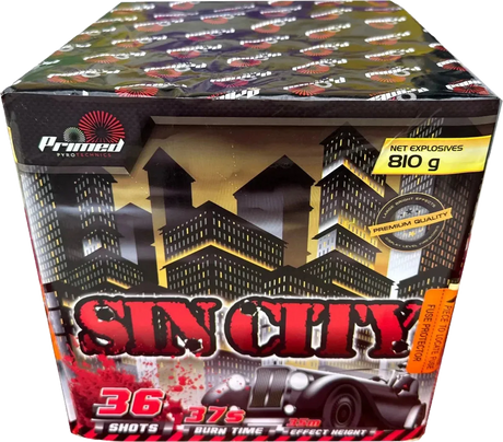 Sin City 36-shot F3 cake firework by Primed Pyrotechnics