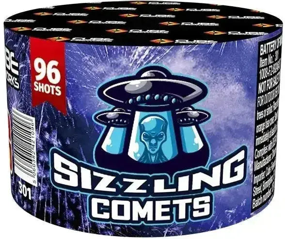 Sizzling Comets 96 shot cake by Cube Fireworks in packaging.