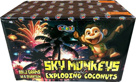 Sky Monkeys With Exploding Coconuts 56 shot cake by Galactic Fireworks in packaging.