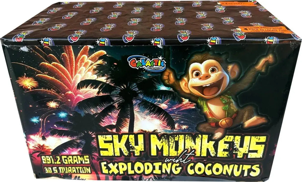 Sky Monkeys With Exploding Coconuts 56 shot cake by Galactic Fireworks in packaging.