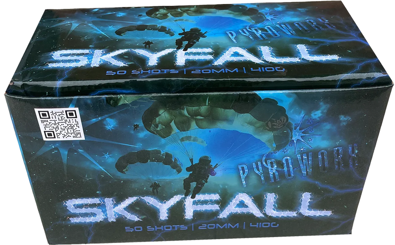 Skyfall 50 shot garden firework cake by Pyroworx in packaging.