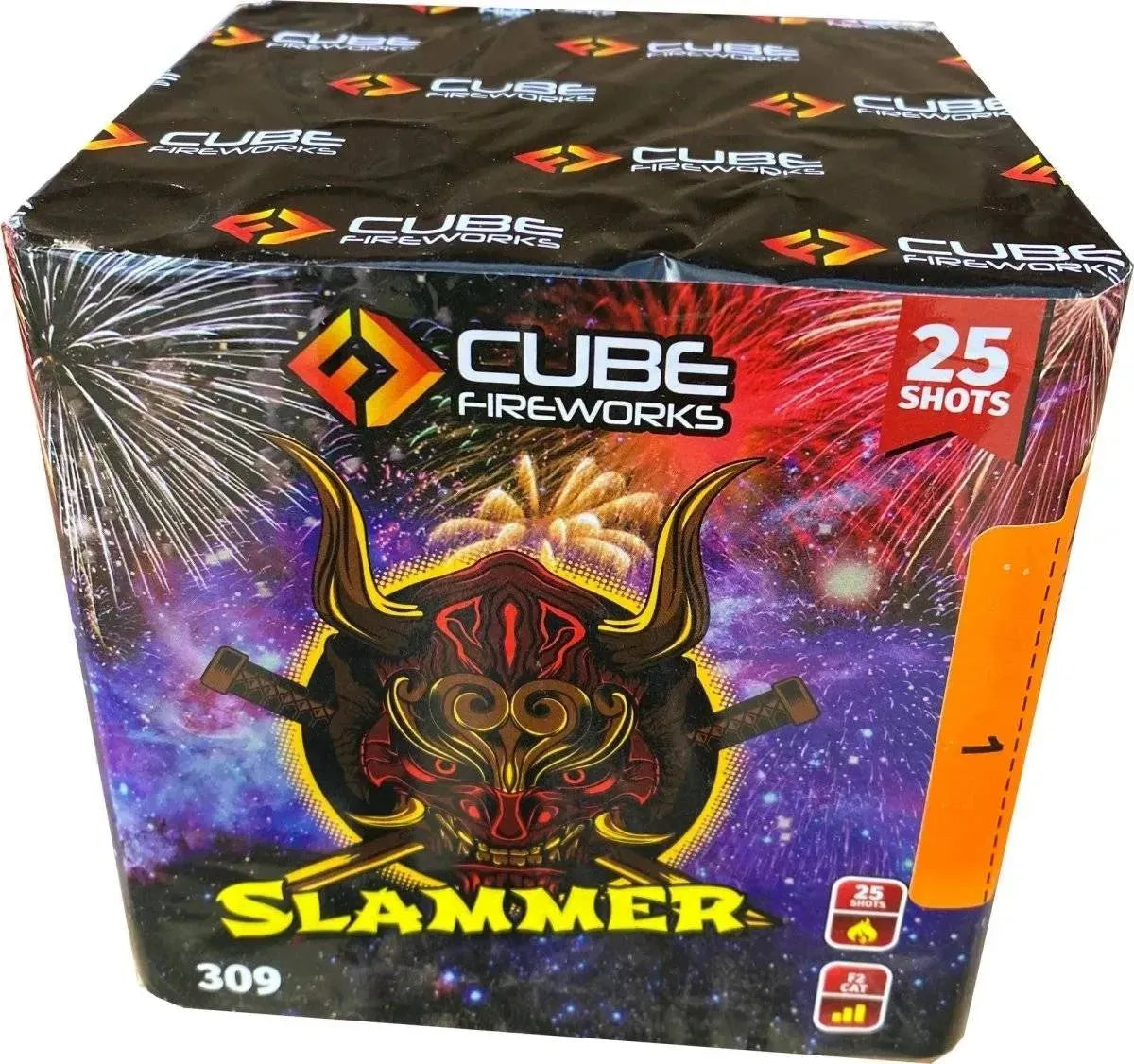 Slammer 25-shot cake by Cube Fireworks with red and white strobe effects, packaged in a colorful box featuring a fiery mask design.