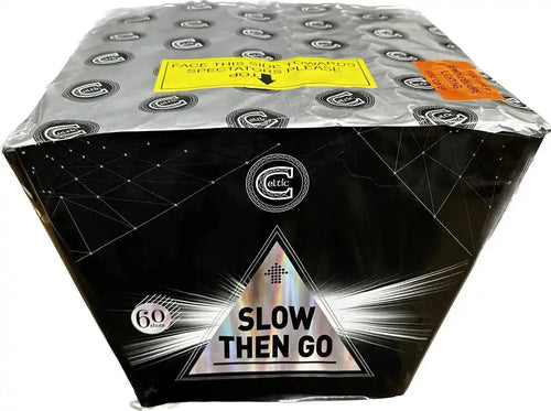 Slow Then Go 60 shot low noise fan cake by Celtic Fireworks in packaging.