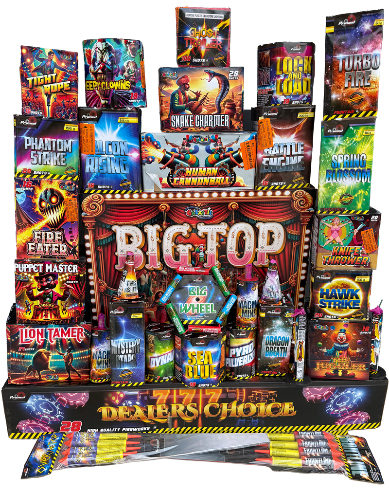 The Snake Charmer Pack containing 37 individual fireworks from Dealer's Choice and Big Top.
