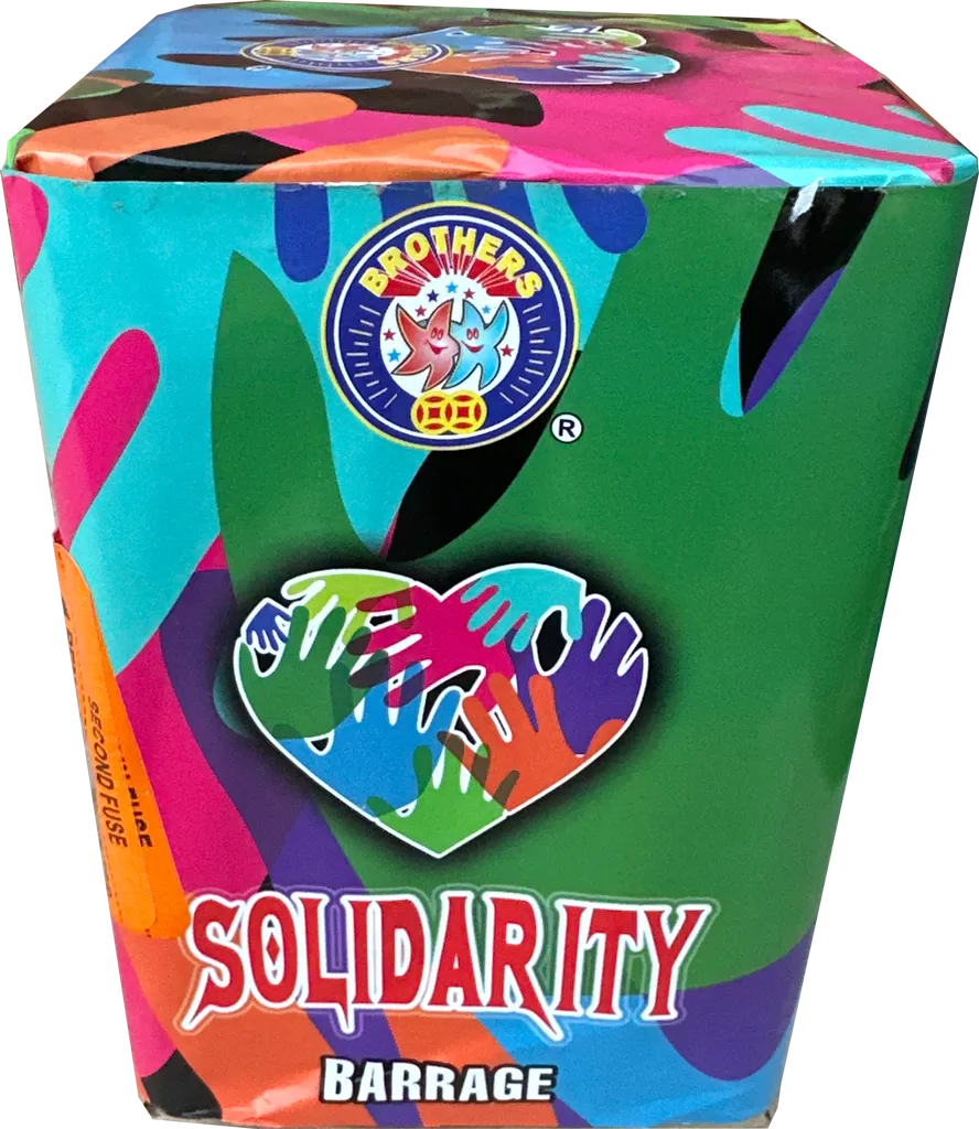 Solidarity 16 shot garden firework cake by Brothers Pyrotechnics in packaging.