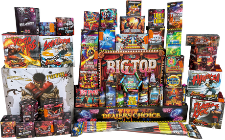 The Sonic Boom Pack containing 52 fireworks displayed in a large group.