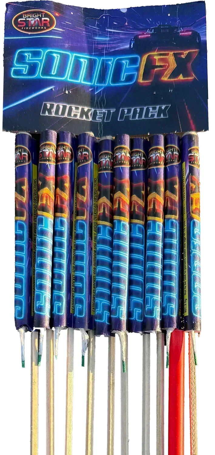 Pack of 10 Sonic F/X Rockets by Bright Star in packaging.