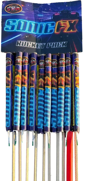 Pack of 10 Sonic F/X Rockets by Bright Star in packaging.