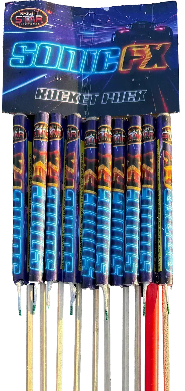 Pack of 10 Sonic F/X Rockets by Bright Star in packaging.