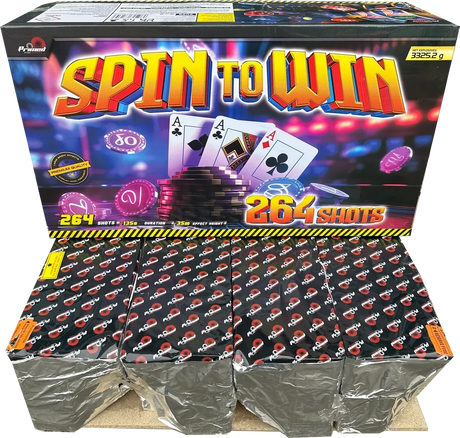 Spin To Win 264 shot compound firework by Primed Pyrotechnics in packaging.