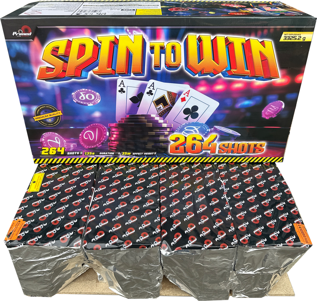 Spin To Win 264 shot compound firework by Primed Pyrotechnics in packaging.