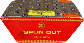 Spun Out 80-shot low-noise colourful fanned cake by Celtic Fireworks in red packaging, ideal for garden party displays.