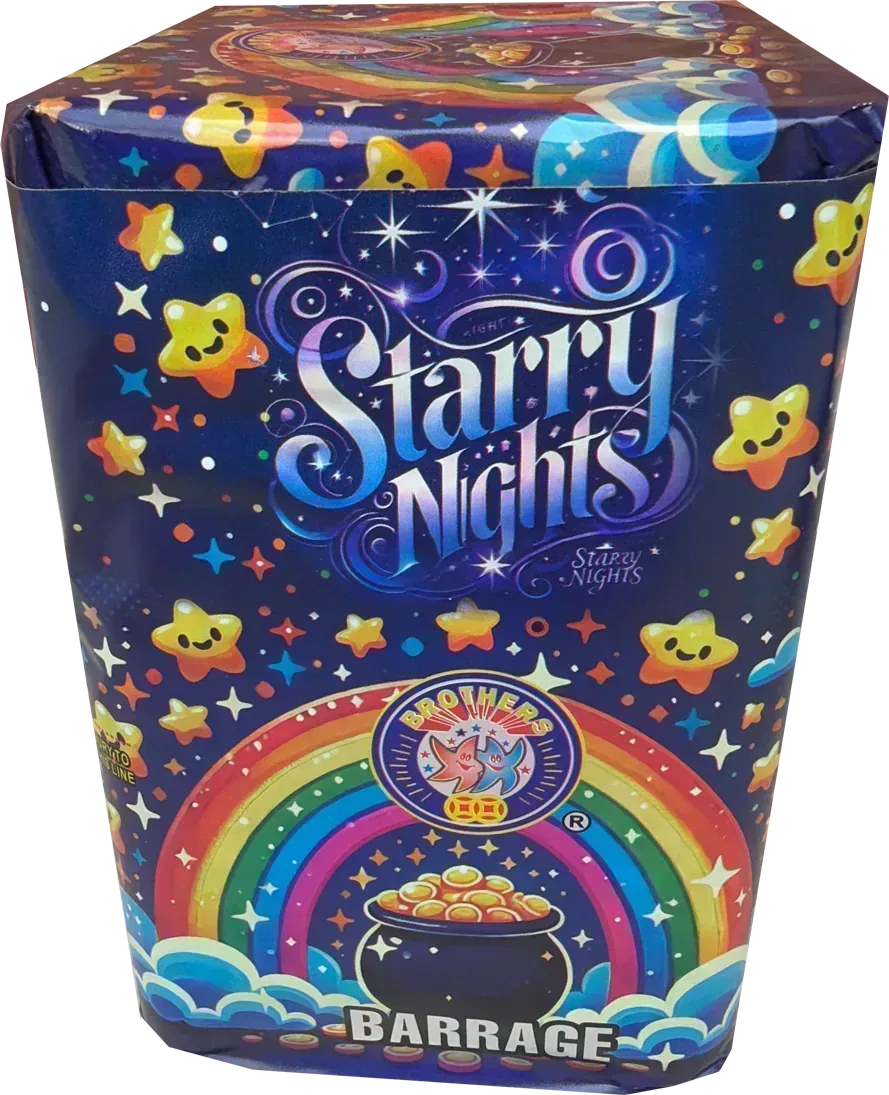 Starry Nights 16 shot garden firework cake by Brothers Pyrotechnics in packaging.