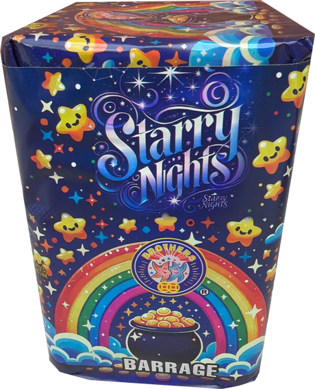 Starry Nights 16 shot garden firework cake by Brothers Pyrotechnics in packaging.