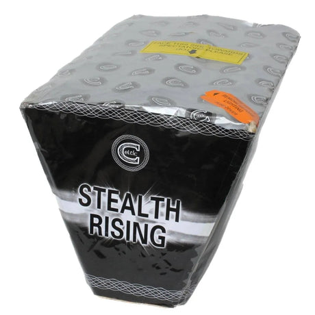 Stealth Rising by Celtic Fireworks 30-shot fanned cake in black and silver packaging, ideal for party celebrations and fireworks displays.