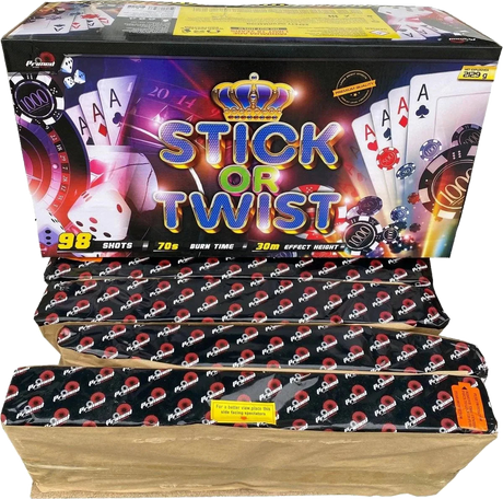 Stick Or Twist 98-shot fanned F3 compound firework by Primed Pyrotechnics